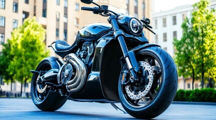 Sleek Black Motorcycle Parked on City Street with Modern Buildings