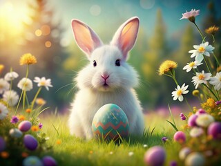 Adorable Smiling Easter Bunny Holding Decorated Egg - Spring Holiday Festive Image