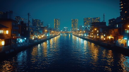 Nighttime Canal Scene Cityscape Illuminates Water Reflections