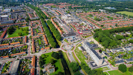 Aerial view around the old town of the city Emmeloord in the Netherlands on a sunny day in summer