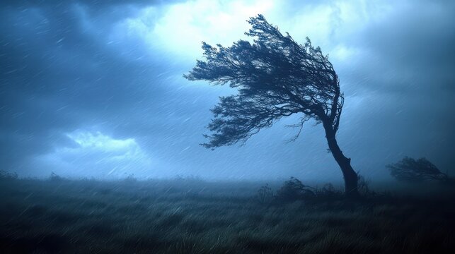 lonely tree that is exposed to strong wind and rain on a meadow
