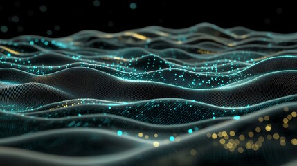 Futuristic digital landscape with glowing lines and particles, showcasing advanced technology and innovation. Abstract representation of data flow and connectivity.