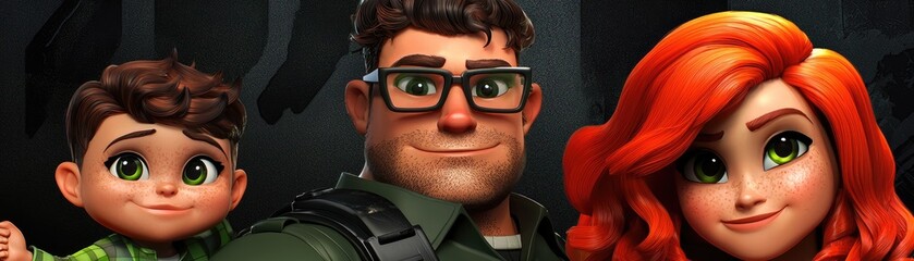 Family adventure game; stylized characters; dark background; game promotion