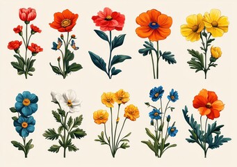 Colorful wildflowers in a botanical illustration style with various vibrant blooms on a light background Generative AI
