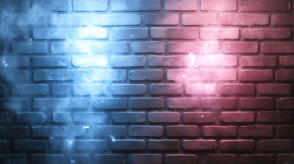 Moody brick wall with colorful neon lighting and vapor, creating a vibrant and dynamic urban backdrop. Ideal for creative projects and modern graphic design backgrounds.