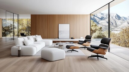 Modern living room with mountain view, stylish furniture, relaxing atmosphere, ideal for home decor websites