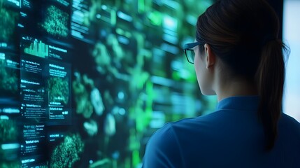 Futuristic Sustainability Report Presented on Holographic Screen with Data Insights