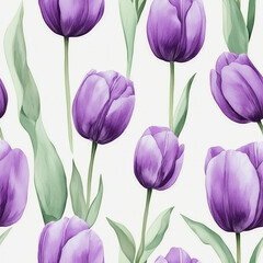 Fototapeta premium Watercolor purple tulips flowers pattern on white background