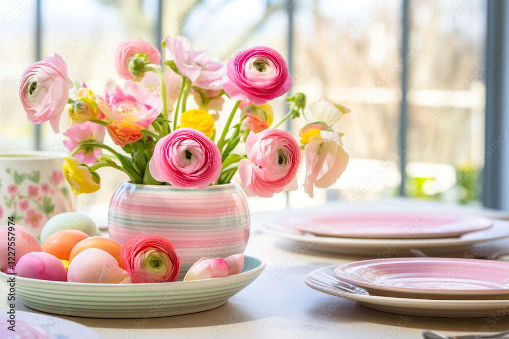 Poster Spring table setting with colorful flowers and Easter eggs arranged in a bright dining area