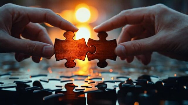Connecting the Pieces: Two hands carefully join two wooden jigsaw puzzle pieces, creating a connection against a backdrop of many other pieces and a warm, glowing light source.