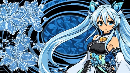 Anime girl, blue hair, floral background, fantasy art, website header