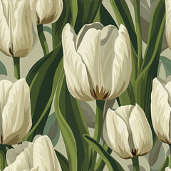 Vintage cream tulips flowers pattern with dark green leaves on textured background