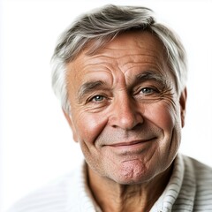 Obraz premium Elderly man with a warm smile, silver hair, expressive wrinkles, natural lighting, high-definition, isolated on white background png