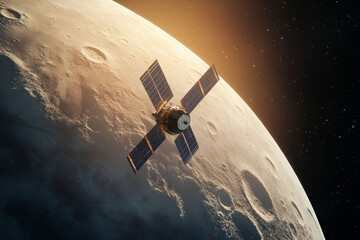 A spacecraft is captured in orbit around the Moon as the sun rises, illuminating the lunar surface with soft light.