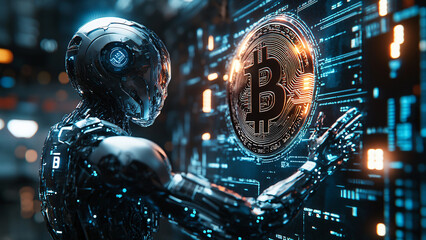 Futuristic robot holding a bitcoin in a semi-transparent design showcasing advanced technology and digital currency in an ultrasharp visual representation for modern concepts