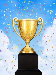 Golden Trophy Celebration - A golden trophy, symbolising achievement, success, victory, triumph, and celebration, sits on a black pedestal amidst colorful confetti against a blue sky.