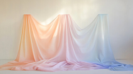 Soft pastel drapes flowing elegantly in a bright studio, creating a serene and dreamy atmosphere