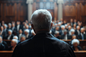 Fototapeta premium Generative AI representation of a judge presiding in a courtroom during a legal trial