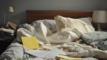 Messy bed with crumpled sheets, scattered papers, and hanging blankets, representing a chaotic morning routine and the impact of a busy lifestyle on rest.