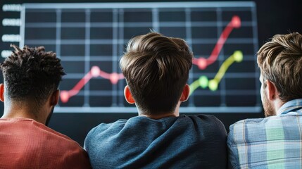 Team members analyzing growth metrics in business presentation office environment data visualization collaborative viewpoint