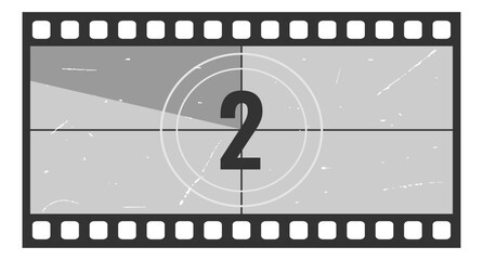 Vintage movie countdown filmstrip frame with number 2. Old movie timer counter in filmstrip. Retro cinema vector number count background with grunge texture