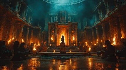 Ancient temple, fiery ritual, statue, night, fantasy, game art