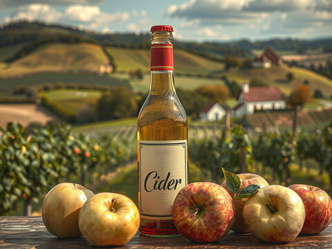 Bottle of apple cider with fresh apples on a wooden table. Picturesque image, background with drink, orchard, fruits, farmhouse