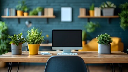 Fototapeta premium Community manager designing marketing plans with influencers, modern flat-style office background, empty space for text
