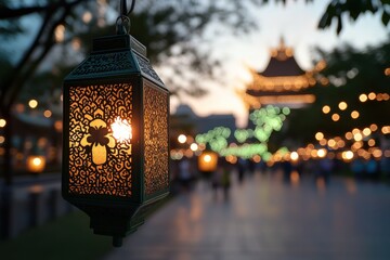 An elegant green lantern at dusk, adorned with intricate designs and soft illuminating lights, showcases an inviting atmosphere, perfect for evening gatherings and relaxation.
