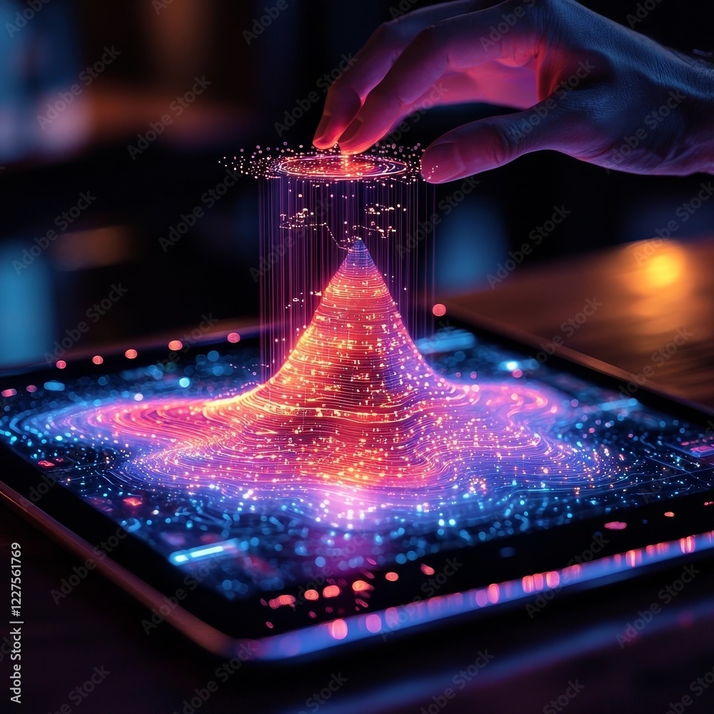 Poster glowing digital tablet displaying a futuristic sales funnel graph with streaming data analytics