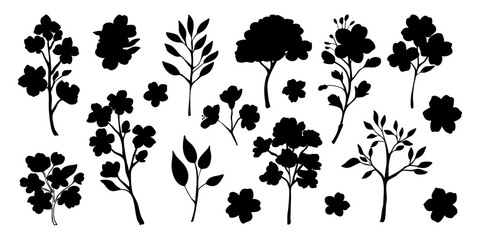 A variety of black and white drawings of trees and flowers. The trees are depicted in different sizes and shapes, with some appearing to be tall and slender, while others are short and stout © MariiaMart