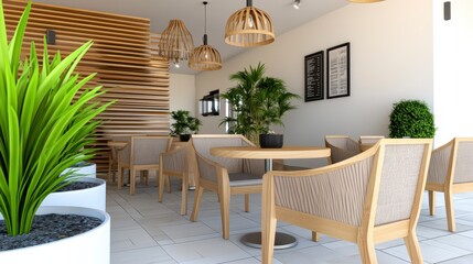 Fototapeta premium Modern Cafe Interior Design Featuring Wood Furnishings and Plants