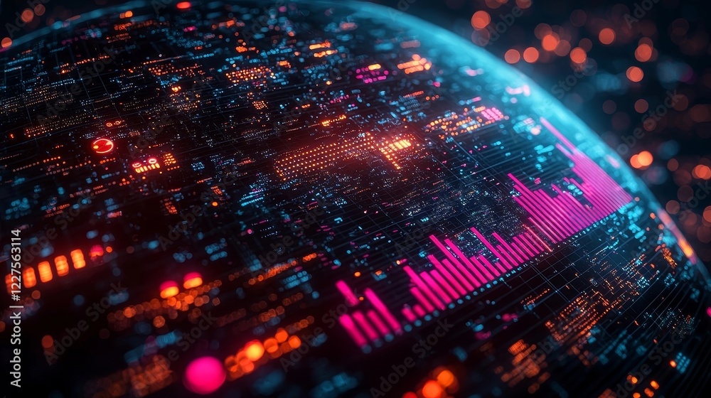 Poster glowing 3d globe surrounded by dynamic business data visualizations