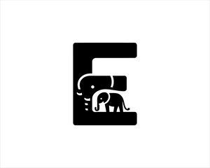Letter E Elephant silhouette logo design icon vector illustration. Black color Elephant logo template