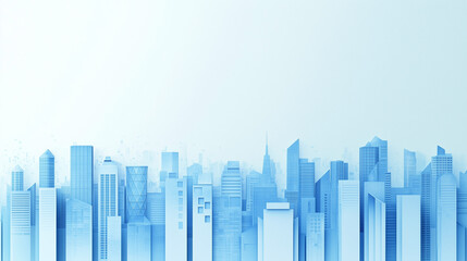 Fototapeta premium A clean 3D vector cityscape skyline with modern glass buildings and urban landmarks, rendered in minimal blue tones, set on a soft pastel background, with copy space.