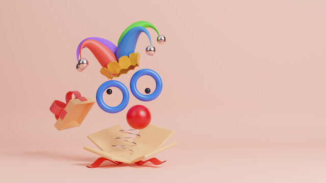 Happy april fools day and funny pranks concept with silly face emoticon on background. colorful design. Holiday accessories, April 1st themed party attributes. Copy space, 3d rendering illustration