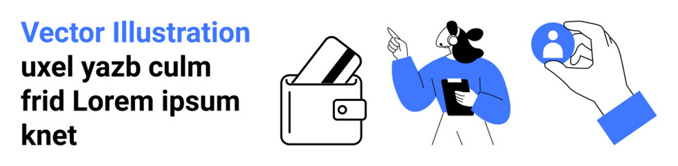 Wallet with credit cards, person pointing while presenting with a tablet, hand holding user profile icon. Ideal for finance, business presentations, user ID, digital identity, technology, networking