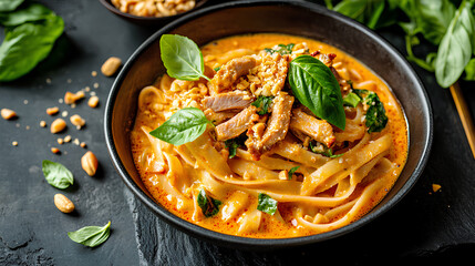 Eliche Pasta in Panang Curry Sauce with Crispy Pork, Basil, and Crushed Peanuts