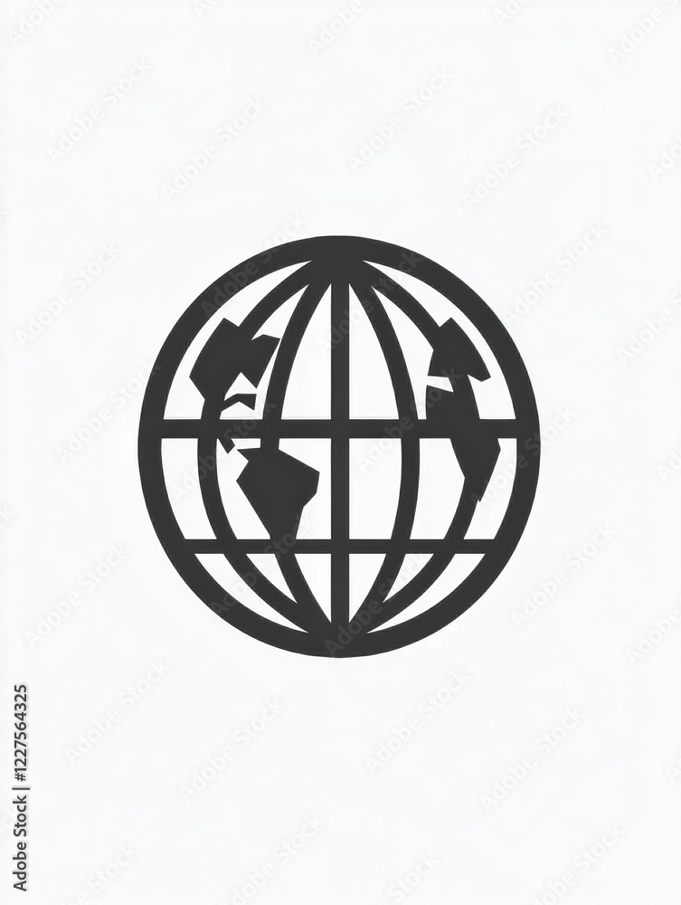 Poster black globe illustration representing global connectivity and travel, showing continents in a minima