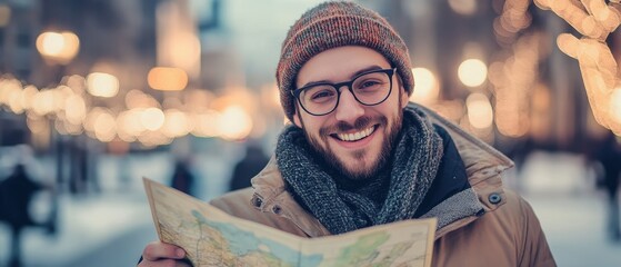 Man holding a map and smiling while exploring a city in winter. Outdoor adventure, travel experiences, and tourist enjoyment in a festive atmosphere.