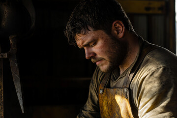 Blacksmith at Work with metal Hammer and Anvil, Creating Sparks in Traditional Forge, Generative AI photo