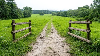 Rural path through green field, leading to trees and hills.  Possible use travel brochure