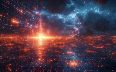 Fototapeta premium Futuristic Cityscape with Glowing Real Time Data Projections Mapping Urban Activity and Commerce