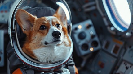 Corgi in astronaut suit exploring a spacecraft interior during a space mission