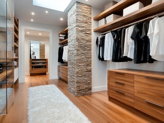 Elegant modern wardrobe with neatly organized clothing and storage.