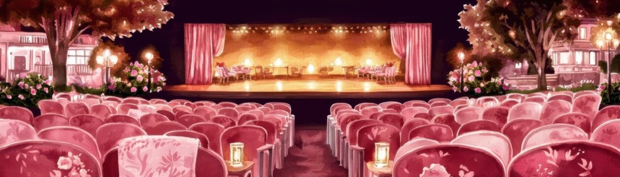 Elegant theater interior with plush seats and warm stage lights.