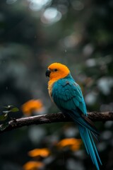 Obraz premium Colorful Parrot: A brightly colored parrot perched on a tree branch in a tropical rainforest.
