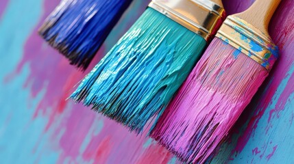 Colorful Paint Brushes with Bright Paint on Wooden Surface