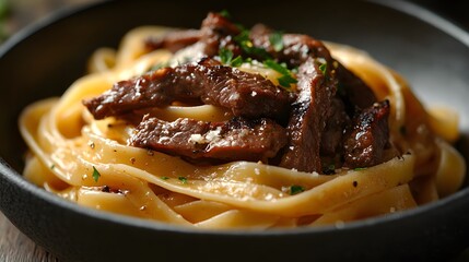 Fototapeta premium pasta linguine with beef strips