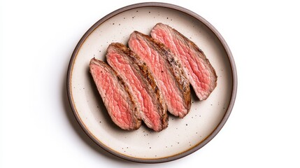 Four Slices of Medium Rare Cooked Steak on a Rustic Plate